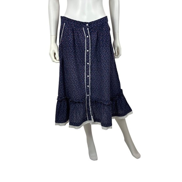 Vintage 80s Prairie Skirt Womens Large Navy Calico Floral Print Gunne Sax Style - Picture 1 of 10